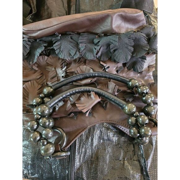 Fringe Leather Tote Bag With Beaded Handles Brown & Black Accents GAL Y2K - Picture 6 of 9